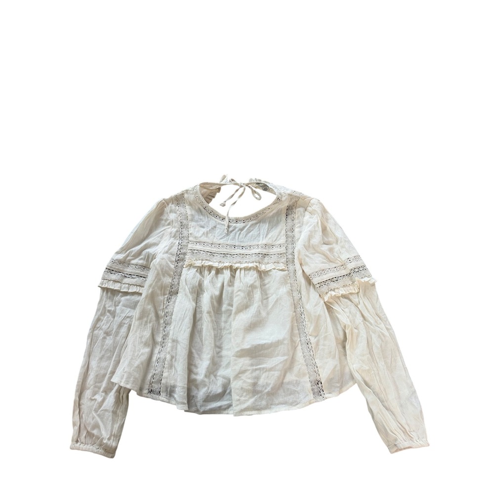American Eagle Womens Ivory Boho Lace Crochet Ruffle Peasant Blouse Top Small